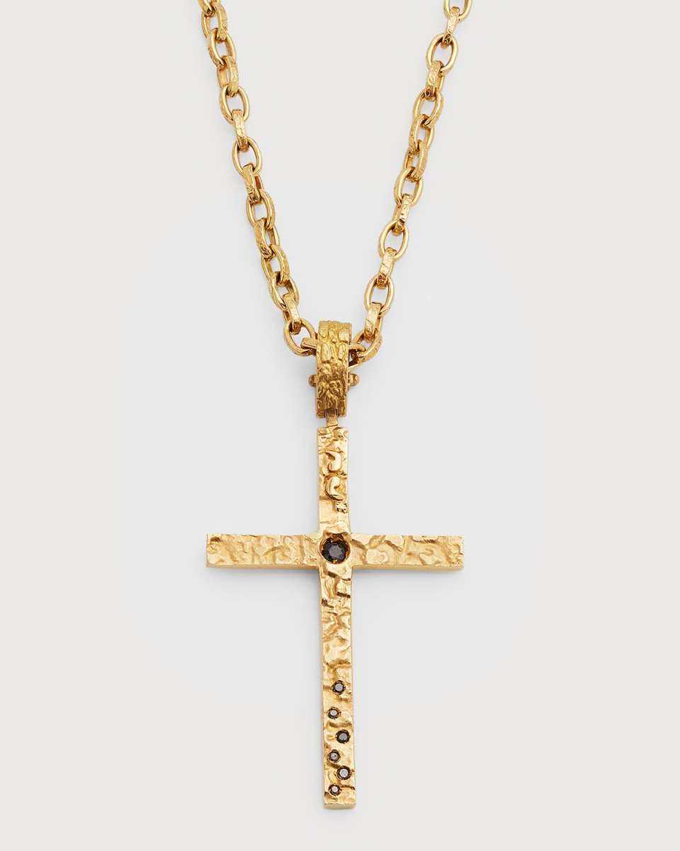 18K Yellow Gold Link Chain Necklace with Black Diamond Cross, 24"L